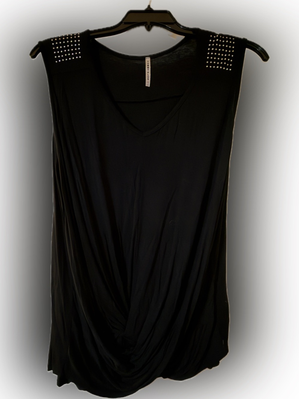 Sleeveless Black V-Neck Tunic with Stud Shoulder Detail